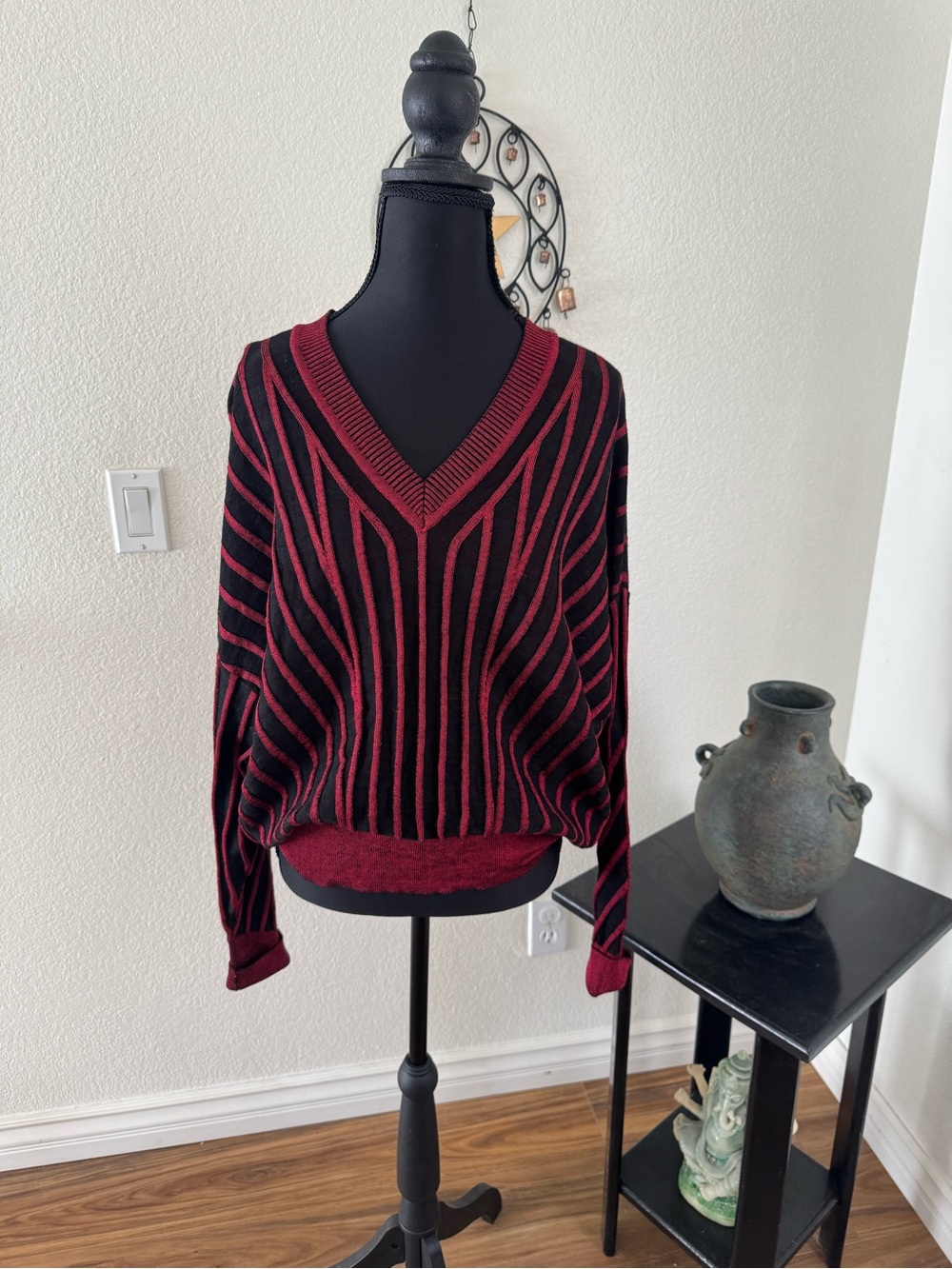 DKNYC Black and Burgundy Striped V-Neck Sweater